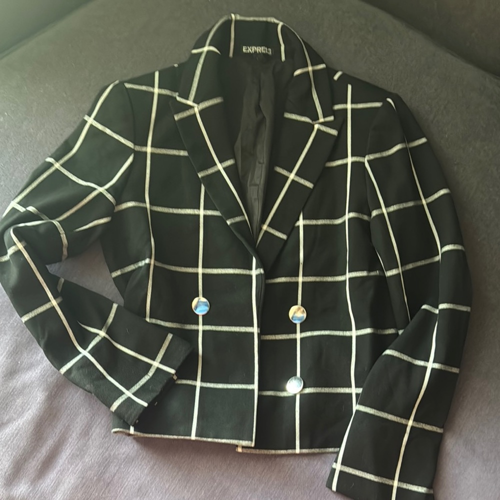 Express Black and White Windowpane Blazer